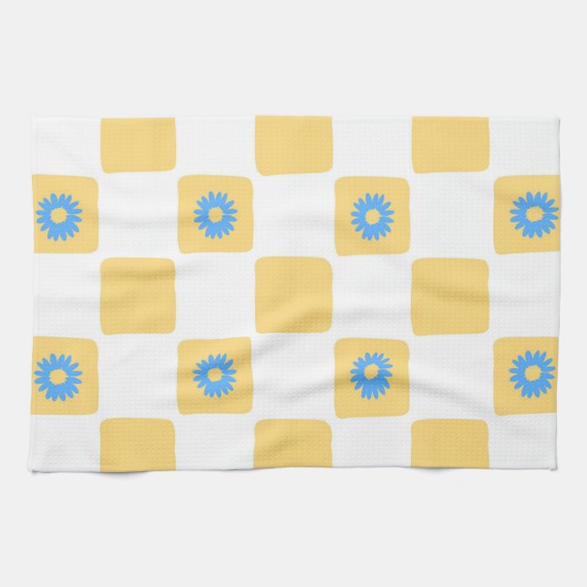 Yellow White Chequered With Blue Flower Pattern Kitchen Towel (Horizontal)