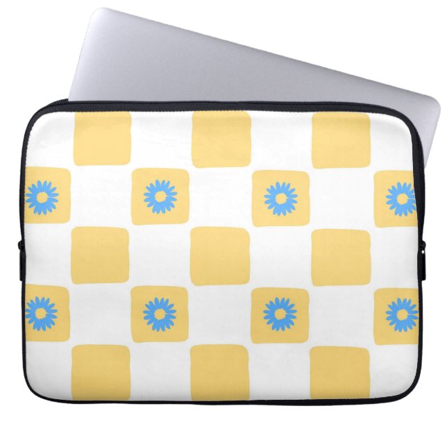 Yellow White Chequered With Blue Flower Pattern Laptop Sleeve (Front)