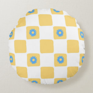 Yellow White Chequered With Blue Flower Pattern Round Pillow