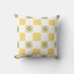 Yellow White Chequered With Blue Flower Pattern Throw Pillow
