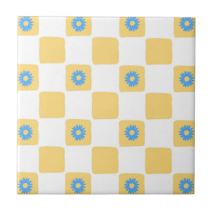 Yellow White Chequered With Blue Flower Pattern Tile