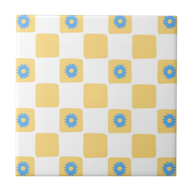 Yellow White Chequered With Blue Flower Pattern Tile (Front)