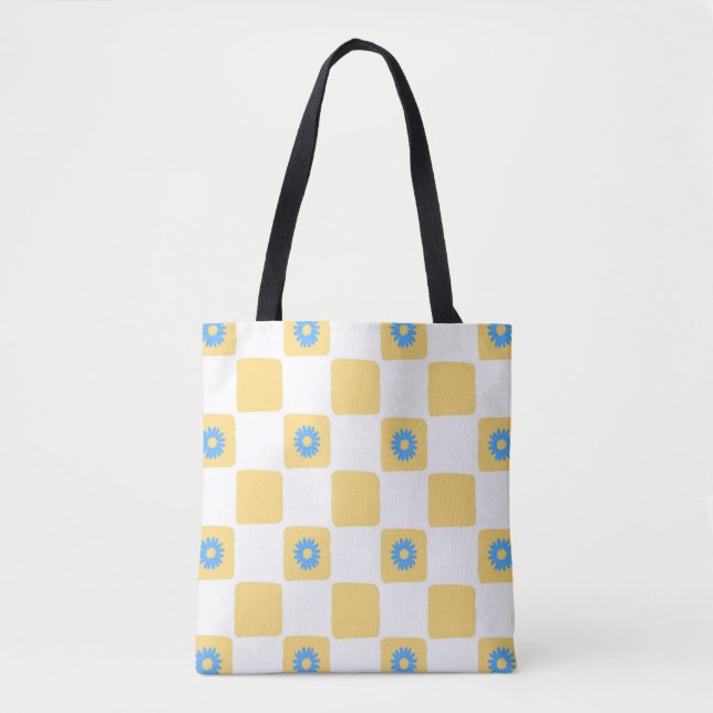 Yellow White Chequered With Blue Flower Pattern Tote Bag (Front)