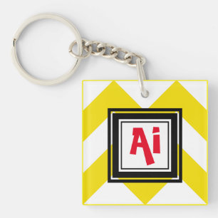 Yellow & White Chevron Custom Red Monogram Keychain