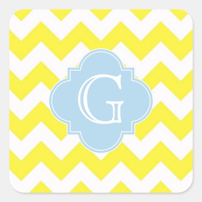 Yellow White Chevron Lt Blue Quatrefoil Monagram Square Sticker (Front)