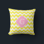 Yellow White Chevron Pink Quatrefoil Monogram Throw Pillow<br><div class="desc">Bright Yellow and White Chevron ZigZag Pattern, Pink Quatrefoil Label Monogram A stylish, modern, chic chevron zig-zag pattern in bright yellow and white. Customize the pink quatrefoil label with your monogram, name or other text. (Click on "Customize it" to adjust font sizes, colours, etc.) If you would like this design...</div>