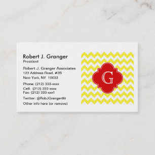 Yellow White Chevron Red Quatrefoil Monogram Business Card