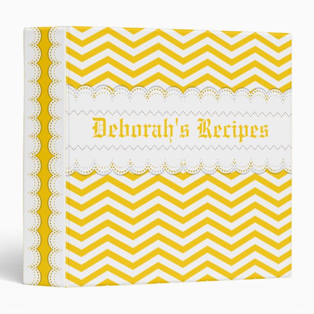 Yellow, white chevron & scalloped borders recipe binder (Front/Spine)