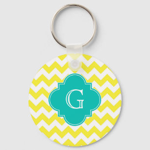 Yellow White Chevron Teal Quatrefoil Monogram Keychain