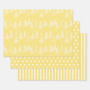 Yellow White Christmas Trees Polka Dots Stripe Wrapping Paper Sheet