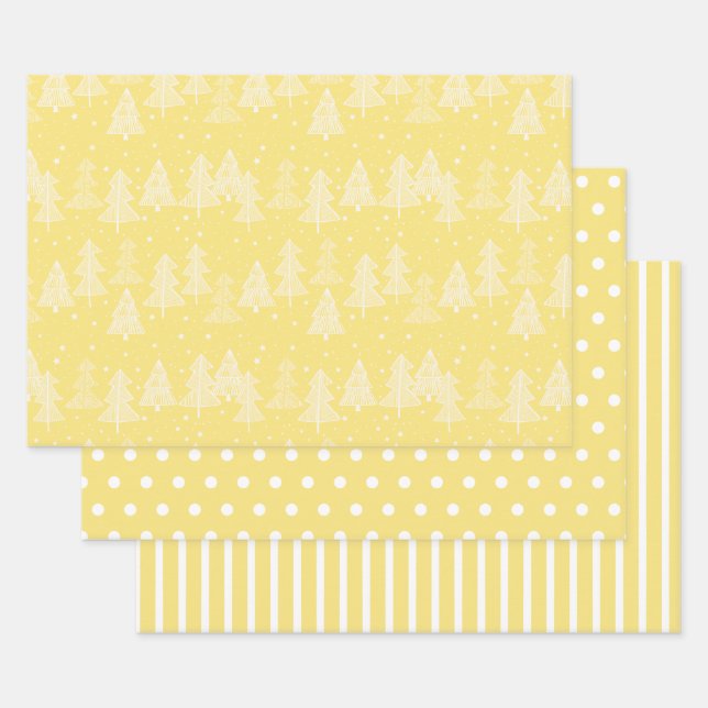 Yellow White Christmas Trees Polka Dots Stripe Wrapping Paper Sheet (Set)