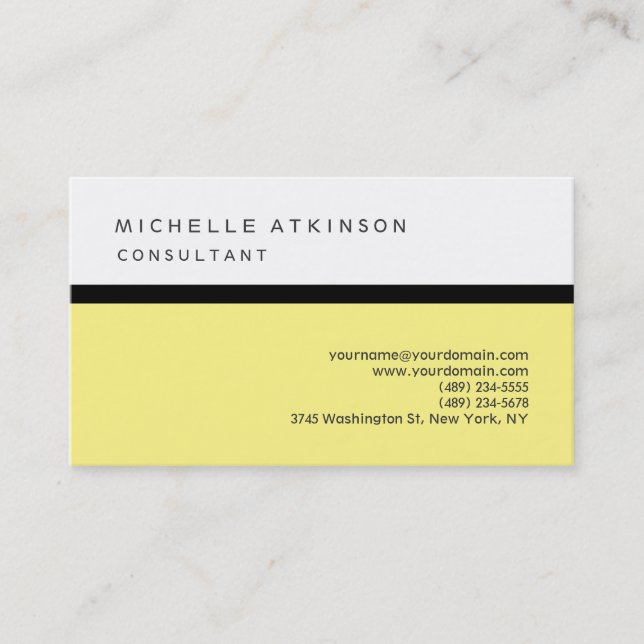 Yellow White Classical Elegant Plain Professional Business Card (Front)