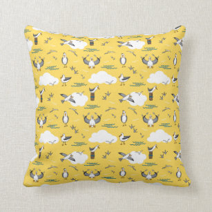 Yellow White Coastal Gulls Seaside Seagull Pattern Throw Pillow