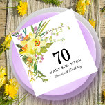 Yellow White Daffodil 70th Birthday Party Napkin<br><div class="desc">Very pretty yellow floral paper napkins for a 70th birthday party. Daffodils and small purple and white flowers are nestled in Boho greenery to create a beautiful spring bouquet. 70 is written in large text with the birthday celebrant's name below and then Seventieth Birthday. All of the text can be...</div>