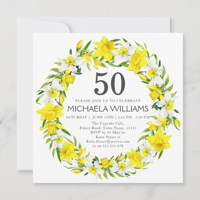 Yellow White Daffodil Botanicals 50th Birthday Invitation (Front)