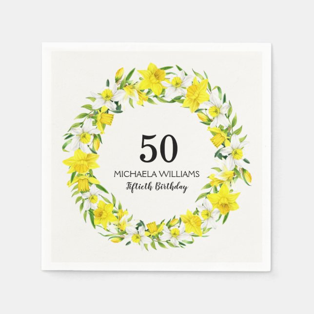 Yellow White Daffodil Wreath 50th Birthday Napkins (Front)