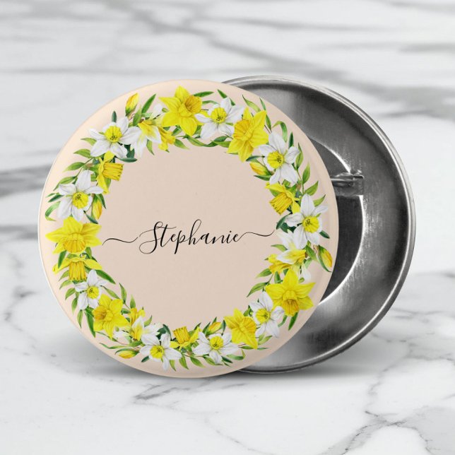 Yellow White Daffodils Garland Monogram Name  1 Inch Round Button (Add name, or other short text to personalize.)