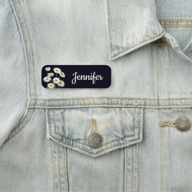 Yellow & White Daisies on Black Name Tag (In Situ)