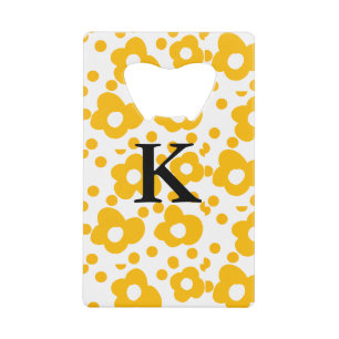 Yellow white daisy floral pattern add monogram mus credit card bottle opener