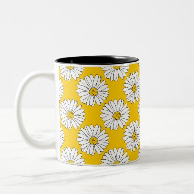 Yellow White Daisy Pattern 2 Two-Tone Coffee Mug (Left)