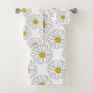 Yellow White Daisy Pattern Bath Towel Set