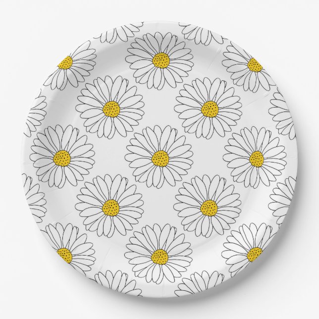 Yellow White Daisy Pattern Paper Plate (Front)
