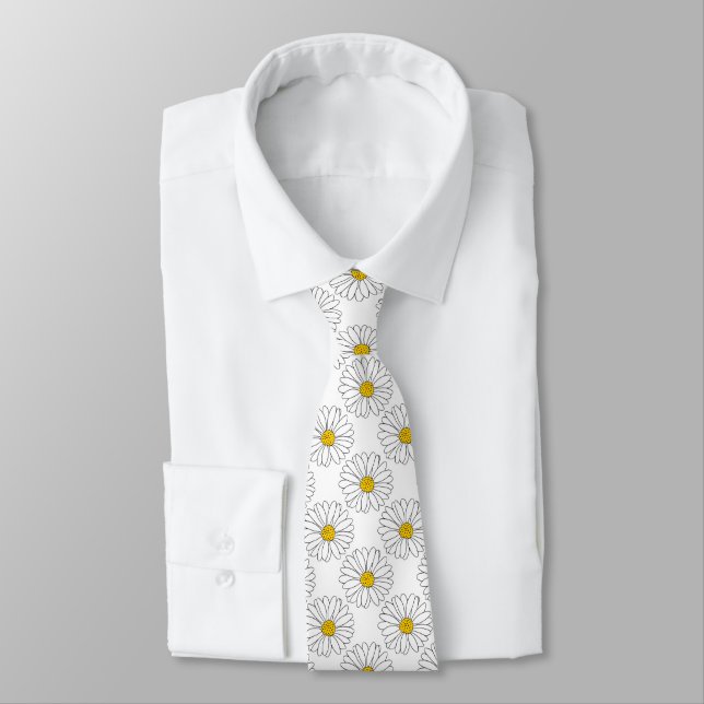 Yellow White Daisy Pattern Tie (Tied)