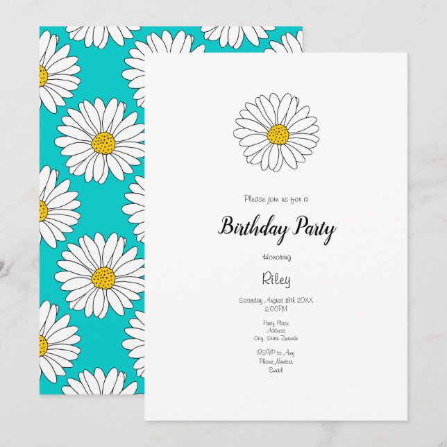 Yellow White Daisy Yellow Turquoise Daisy Pattern Invitation (Front/Back)