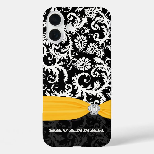 Yellow &  White Damask Printed Faux Rhinestone Case-Mate iPhone Case (Back)