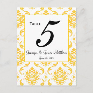 Yellow White Damask Wedding Table Number Cards
