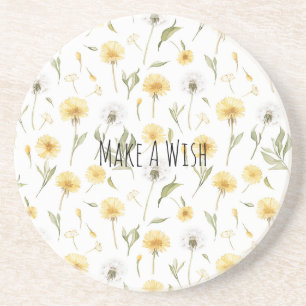 Yellow White Dandelions Flowers Make A Wish Coaster