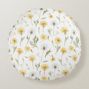 Yellow White Dandelions Flowers Round Pillow