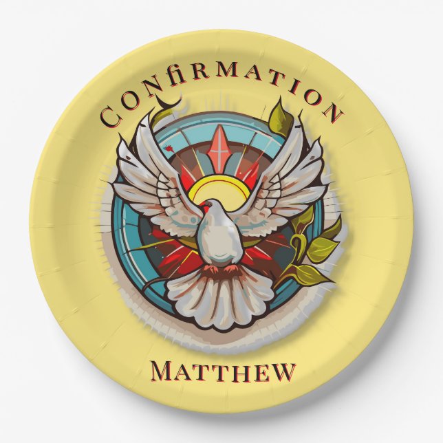Yellow White Dove Religious Catholic Confirmation  Paper Plate (Front)