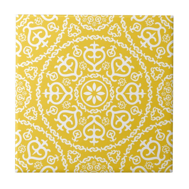 Yellow &white elegant intricate geometric pattern tile (Front)