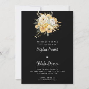 Yellow & White Floral Bouquet Black Wedding Invitation