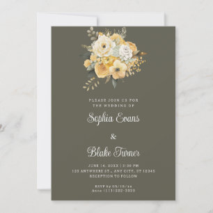 Yellow & White Floral Bouquet Green Wedding Invitation