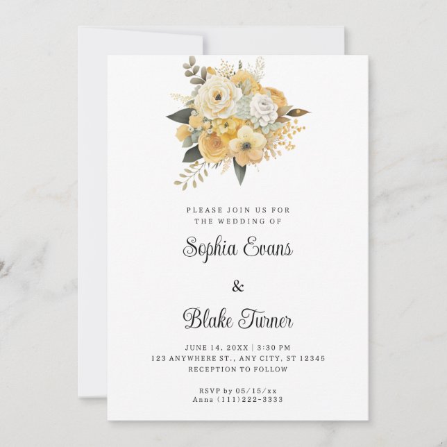 Yellow & White Floral Bouquet White Wedding Invitation (Front)