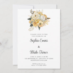 Yellow & White Floral Bouquet White Wedding Invitation
