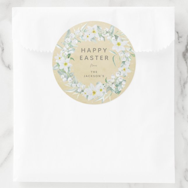 Yellow + White Floral Wreath Easter Message Classic Round Sticker (Bag)