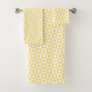 Yellow & White Flower Caro Pattern Bath Towel Set