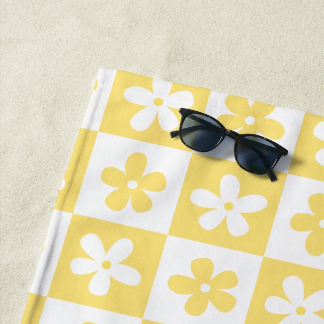 Yellow & White Flower Caro Pattern Beach Towel (In Situ)