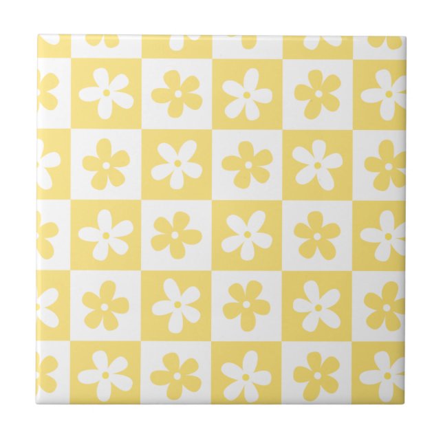 Yellow & White Flower Caro Pattern Tile (Front)