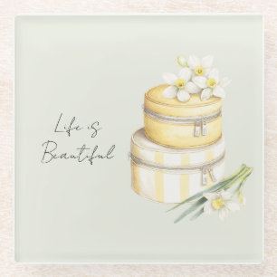 Yellow White Flowers Glass Coaster