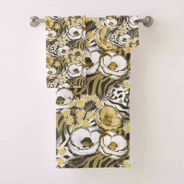 Yellow, white flowers on a tiger background  bath towel set (Insitu)