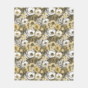 Yellow, white flowers on a tiger background fleece blanket
