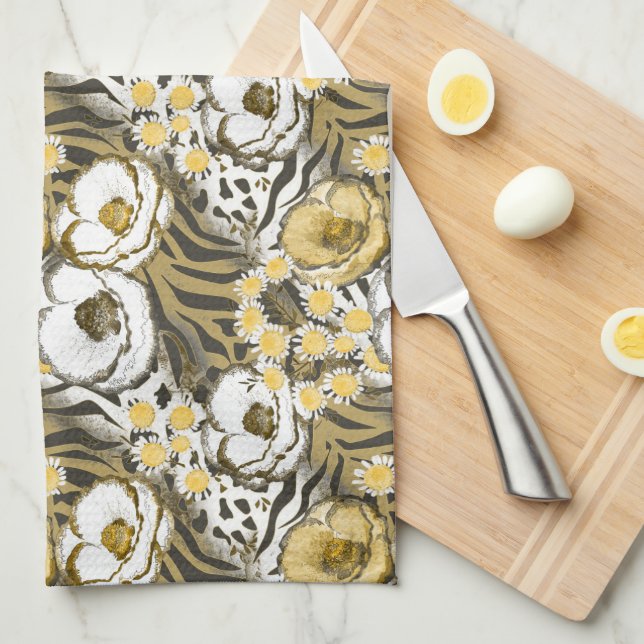 Yellow, white flowers on a tiger background  kitchen towel (Quarter Fold)