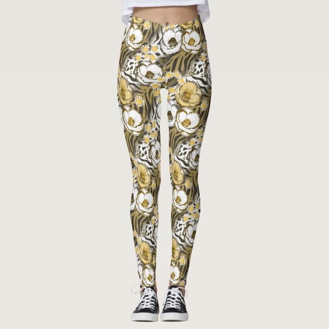 Yellow, white flowers on a tiger background  leggings (Front)