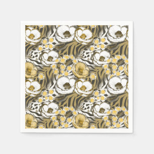 Yellow, white flowers on a tiger background napkin