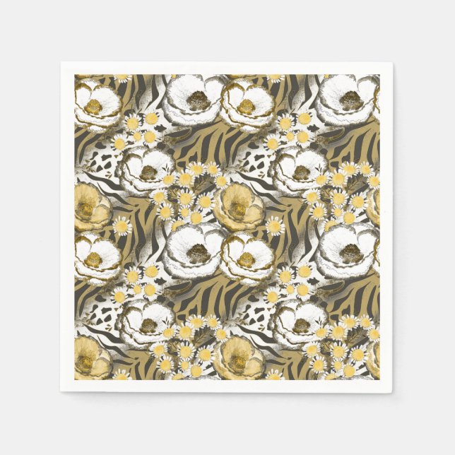 Yellow, white flowers on a tiger background napkin (Front)
