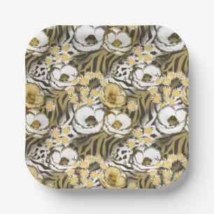 Yellow, white flowers on a tiger background  paper plate